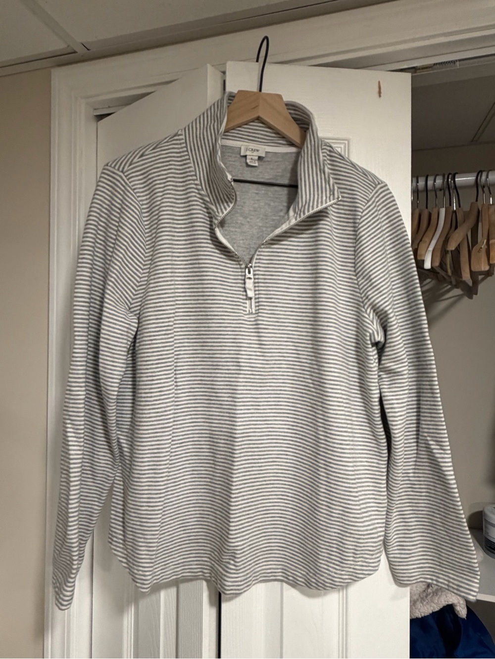 J. Crew Factory Light Gray and White Striped Half-Zip Pullover